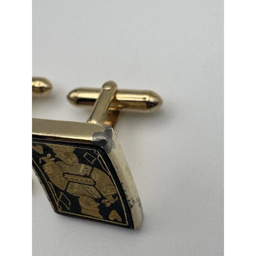 Vintage Damascene Cufflinks King Ace Spades Playing Card Poker 1960s Swank
